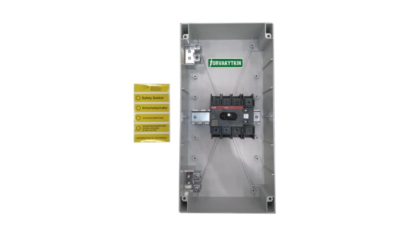 Sezionatore con interruttore ABB, 4 poli, 100A, montaggio a vite, protezione IP65, per isolamento sicuro di motori.