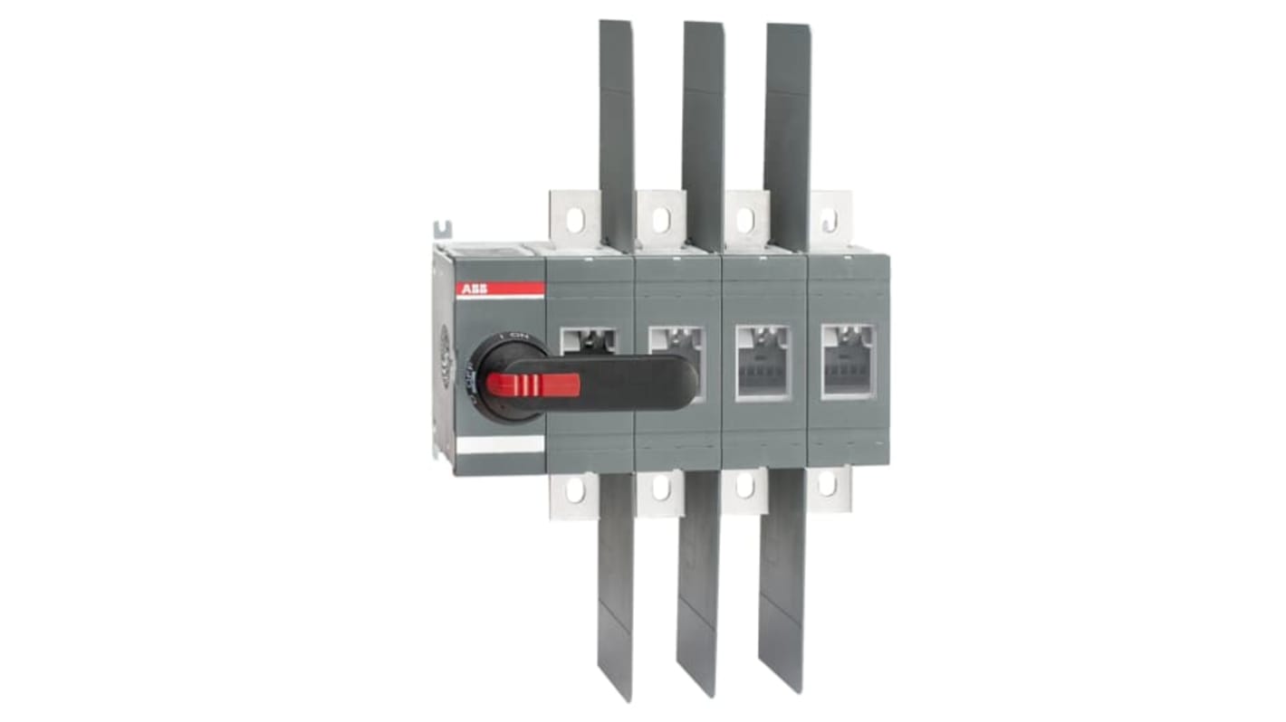 Sezionatore interruttore ABB OT, 4 poli, 800A, montaggio superficiale, protezione IP00, potenza 450kW.