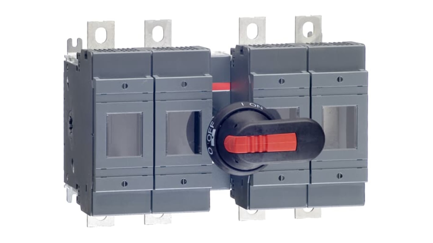 Sezionatore portafusibili ABB, 2 poli, 250A, 500V, con impugnatura a pistola e terminali a linguetta 25 mm.