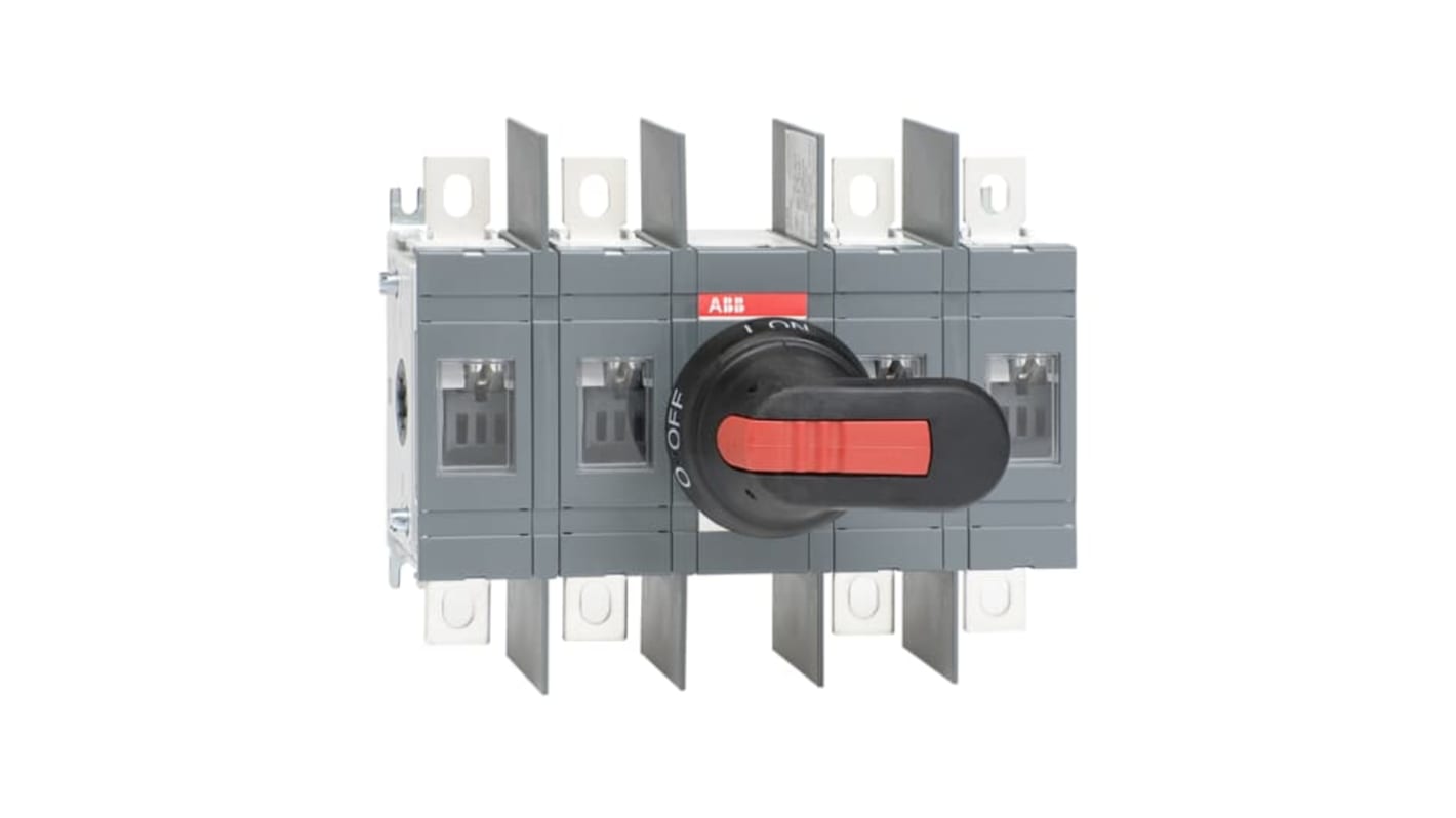 Sezionatore interruttore ABB 4 poli, 200A, 1000V, montaggio a vite, protezione IP65, normalmente aperto.