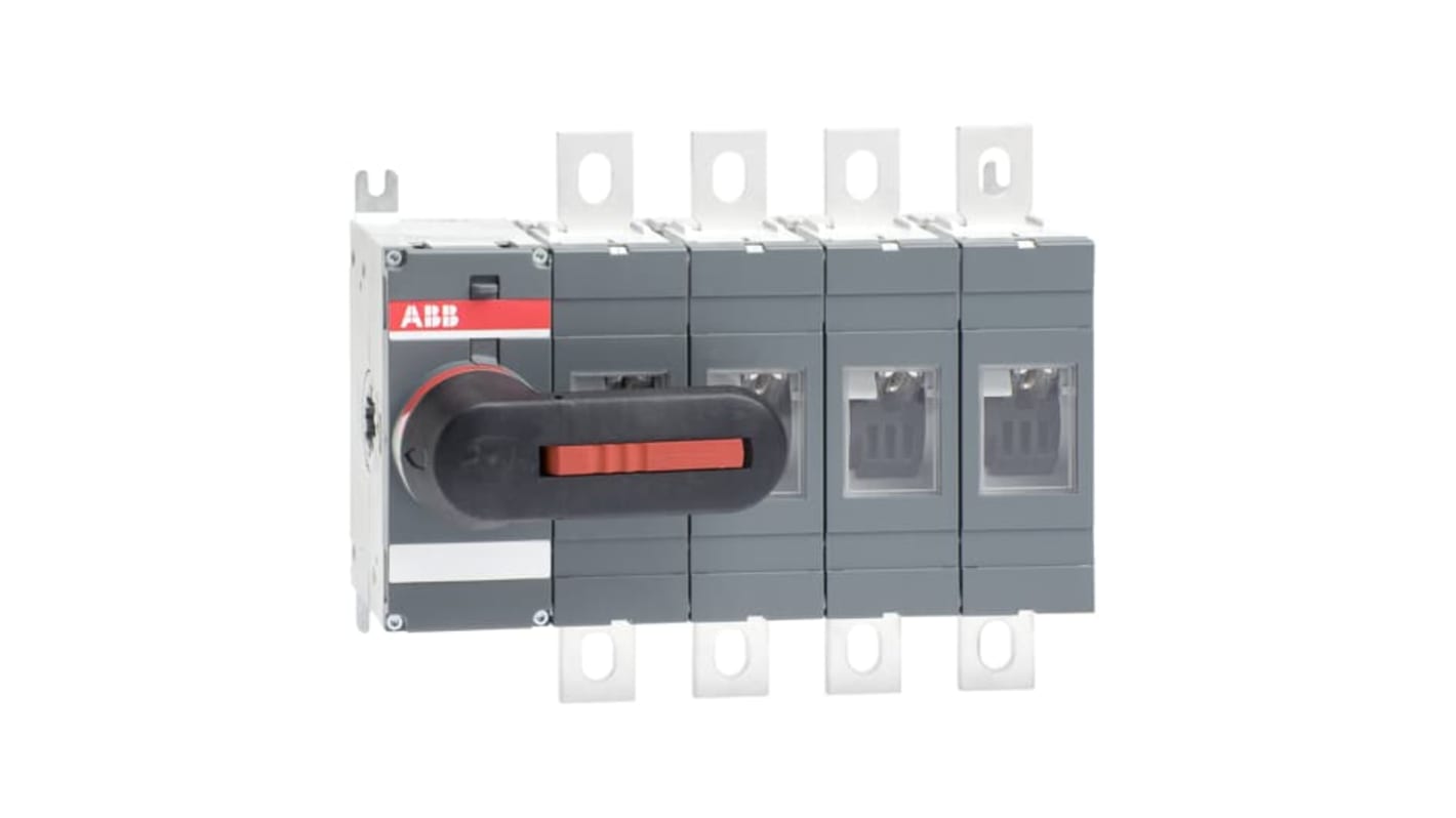 Sezionatore interruttore ABB OT400E04K, 4 poli, 400A, 1000V, montaggio a vite, protezione IP65, manico nero.