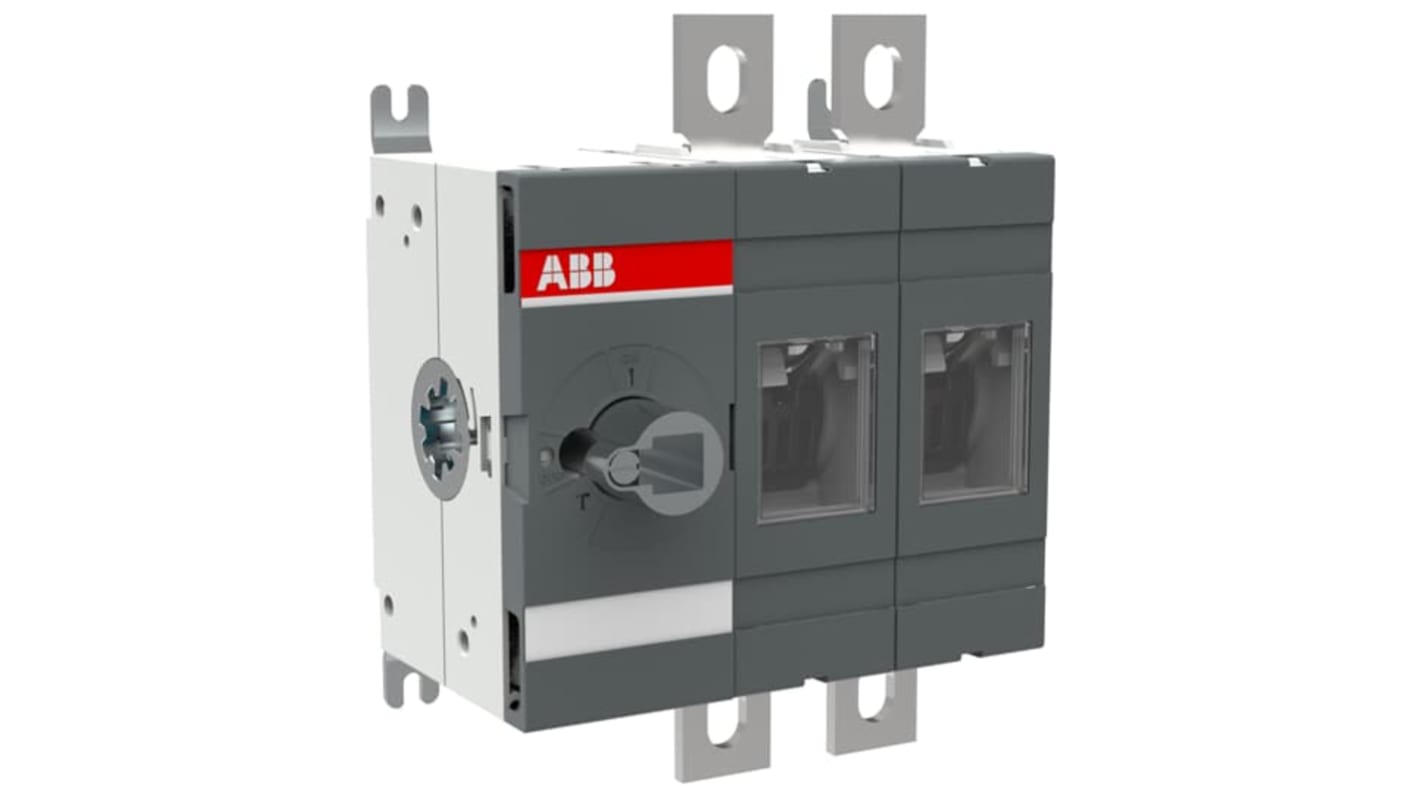 Sezionatore interruttore ABB 1SCA022799R7110, 2 poli, 315A, montaggio a vite, protezione IP00, funzionamento anteriore.