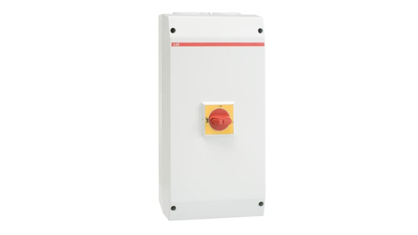 Sezionatore con interruttore ABB, 3 poli, 100A, montaggio a vite, protezione IP65, per isolamento sicuro di motori.