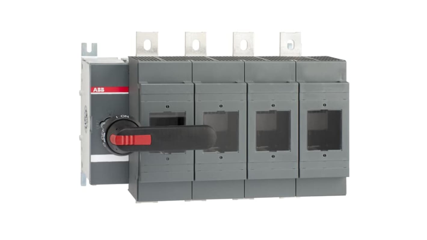 Sezionatore portafusibili ABB, 4 poli, corrente 630A, tensione 500V, design modulare per applicazioni industriali.