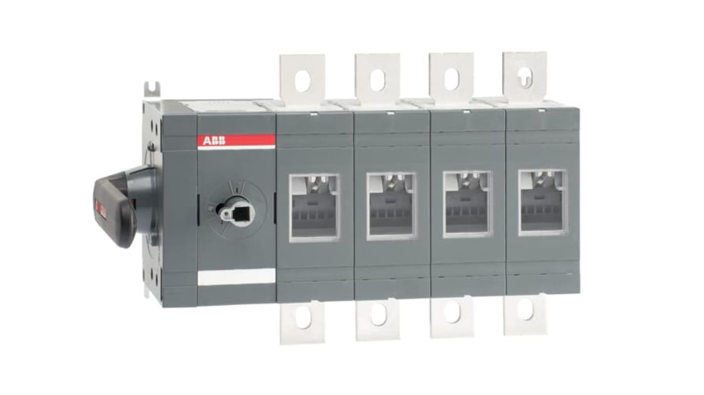 Sezionatore interruttore ABB 1SCA022860R2590, 4 poli, 630A, montaggio superficiale, protezione IP00, per applicazioni industriali.