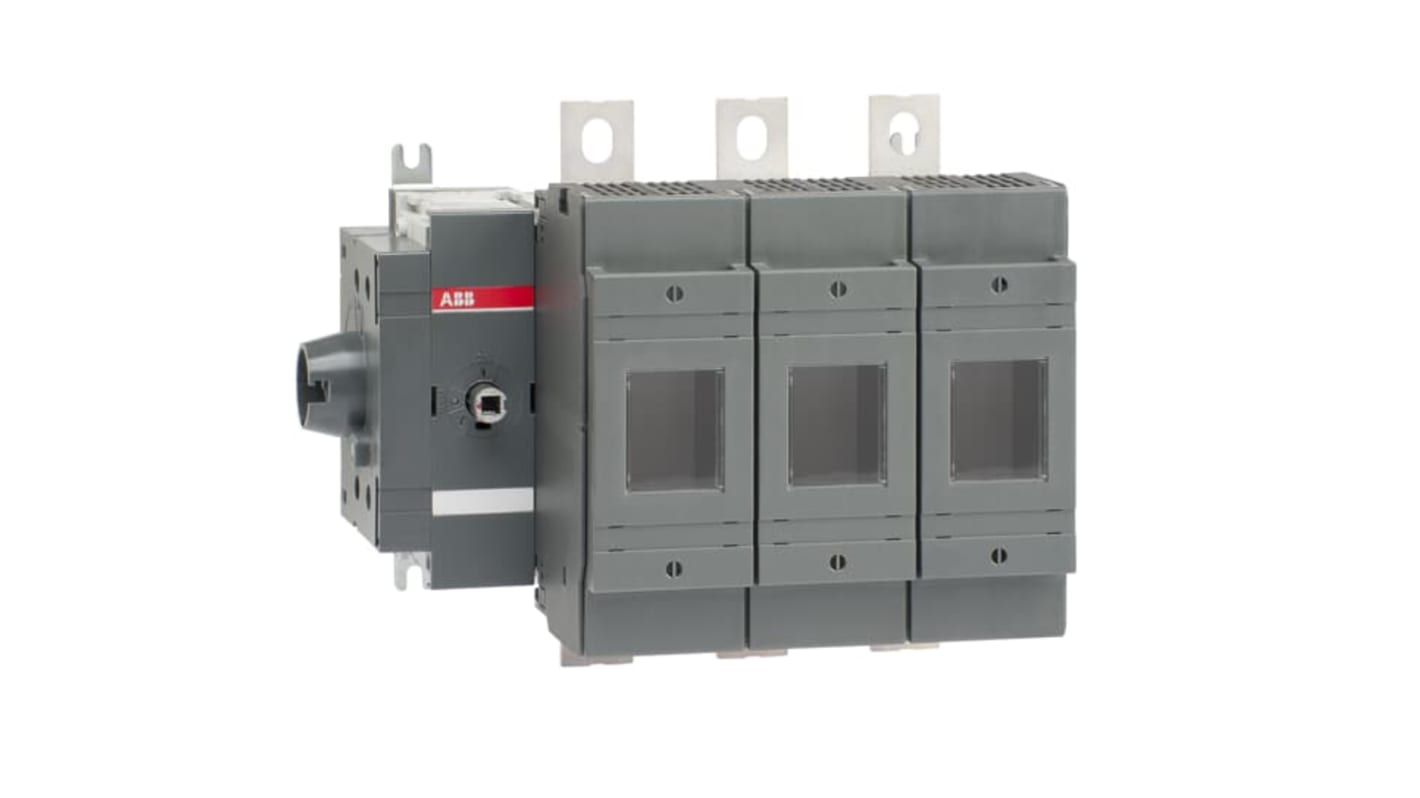 Sezionatore portafusibili ABB, 3 poli, 250A, 500V, montaggio su base, terminali ad aletta, per fusibili manuali e motorizzati.