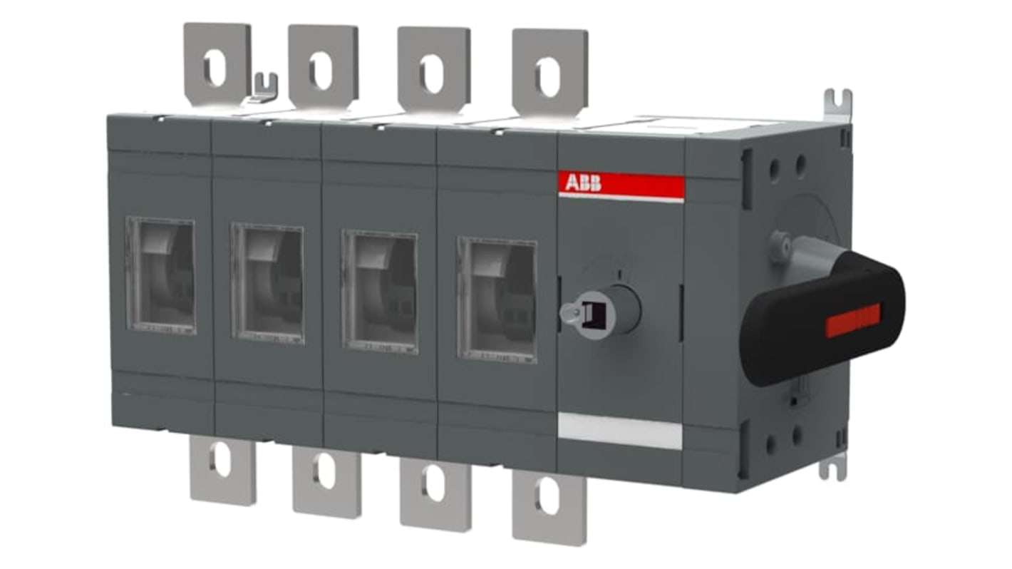 Sezionatore interruttore ABB OT630ES40K, 4 poli, 630A, montaggio a vite, protezione IP00, azionamento laterale.