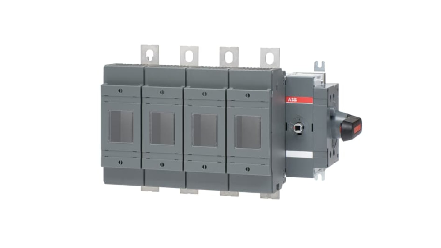 Sezionatore portafusibili ABB 4 poli, 250A, 500V, con maniglia a montaggio diretto e terminali a linguetta 25 mm.