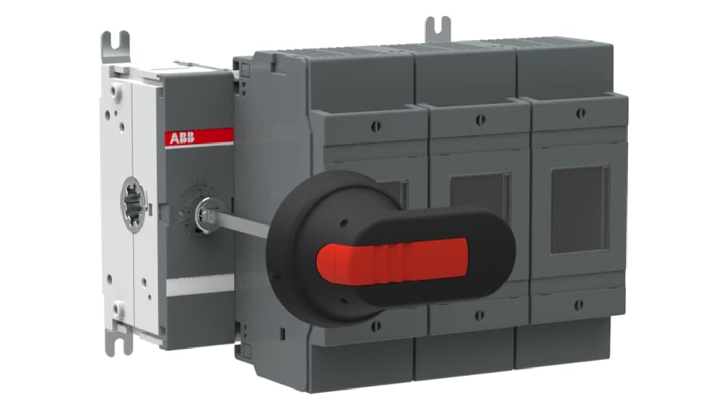 Sezionatore portafusibili ABB 3 poli, 250A, 500V, fusibile B1-B3, con impugnatura a pistola e terminali a linguetta 25 mm.