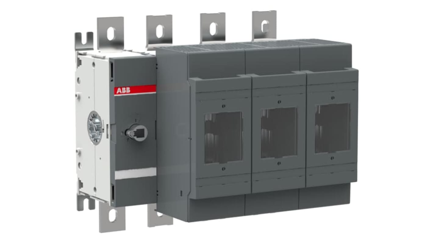 Sezionatore portafusibili ABB, 4 poli, 800A, 500V, fusibili C1-C3, azionamento frontale, terminali a linguetta 39 mm.
