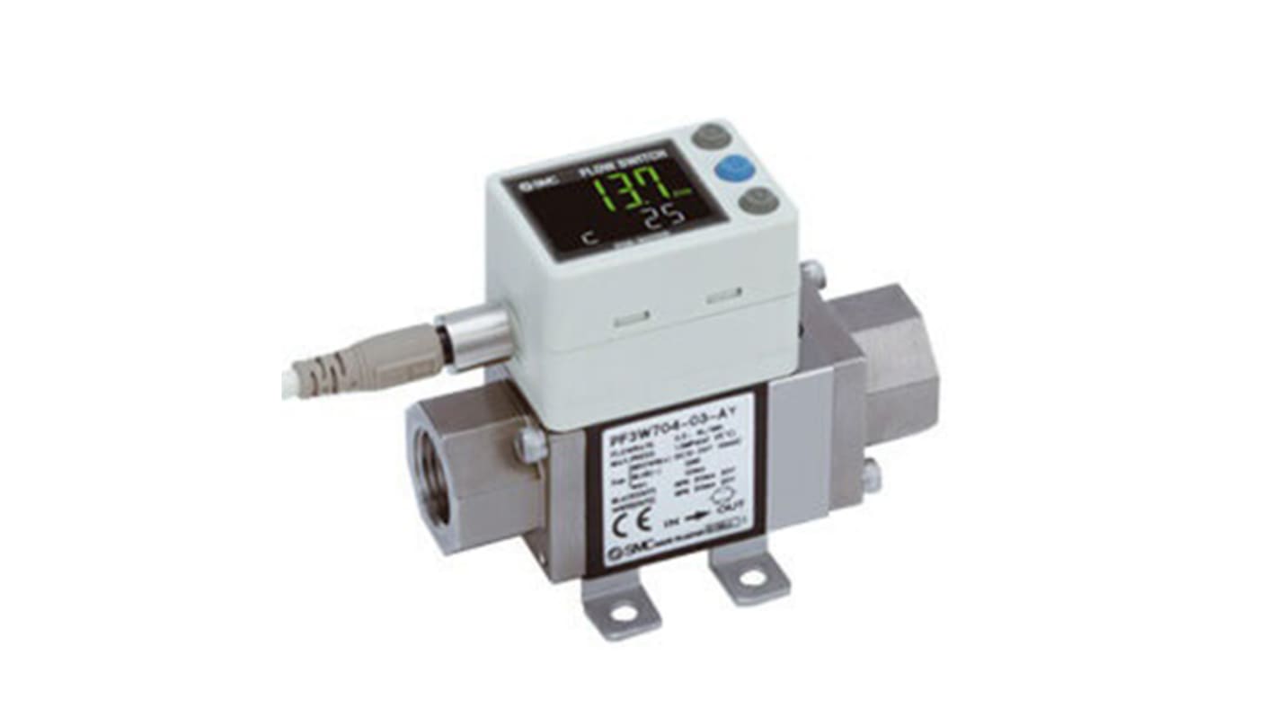 Regolatore di flusso digitale SMC PF3W720S-F04-BN-M, PNP, flusso max 16 l/min, alimentazione 12-24 V, montaggio collettore.