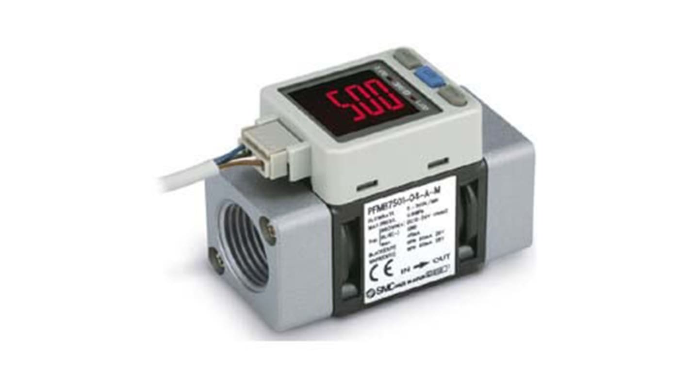 Regolatore di flusso SMC PFMB7102-F04-E, PNP, flusso max 1000 l/min, alimentazione 12-24 V, design compatto.