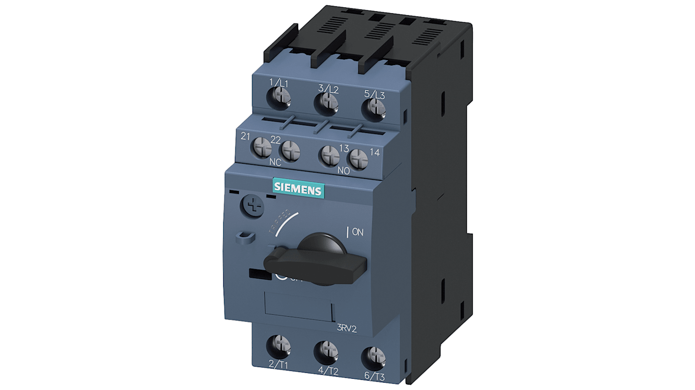 Interruttore automatico del motore Siemens 3RV2411-0JA15, 1 A, 690 V, 3 poli, montaggio snap-on su guida 35 mm, grado di protezione IP20.