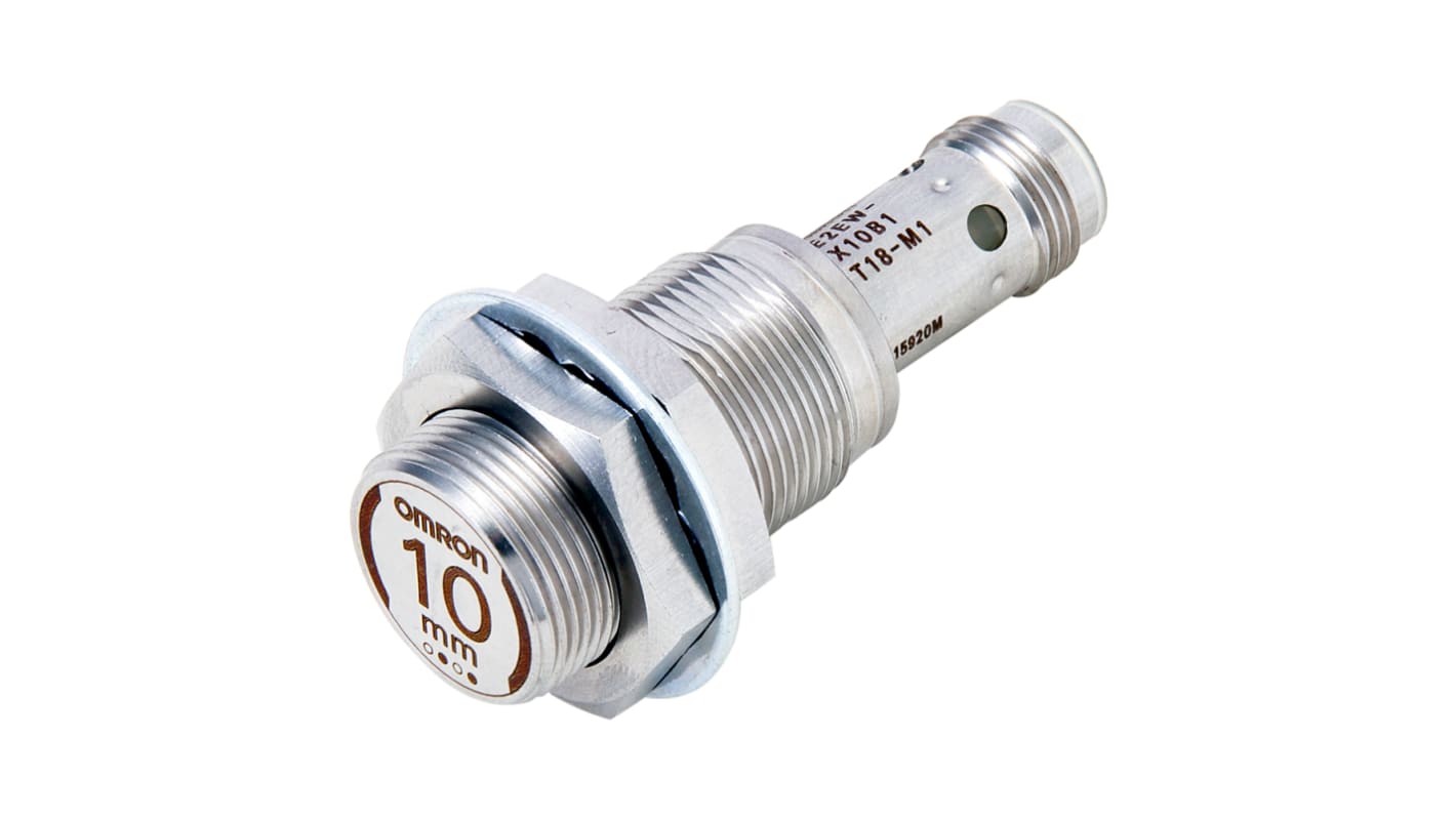 Sensore di prossimità cilindrico Omron E2EW-X10B3T18-M1, PNP, M18 x 1, rilevamento 10 mm, montaggio a filo, grado di protezione IP67.