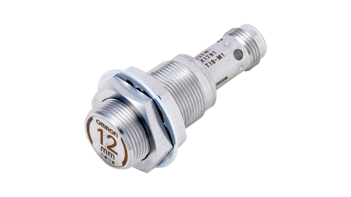Sensore di prossimità cilindrico NPN Omron E2EW-X12C318-M1, M18 x 1, rilevamento a 12 mm, connettore M12, IP67.