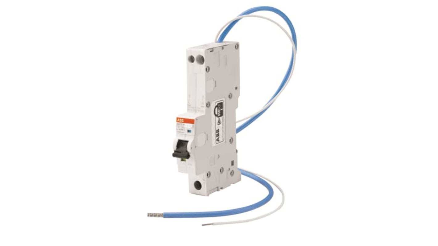 Interruttore automatico ABB 1P+N RCBO 32A, protezione sovracorrente, grado IP20, indicazione guasto finestra blu.