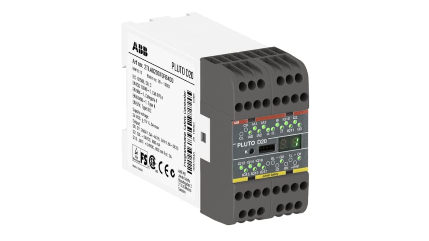 Modulo di sicurezza ABB 2TLA020070R6400 PLUTO D20, 20 I/O, 24 V CC, compatibile con CPU PLC, protocollo MODBUS ASCII.