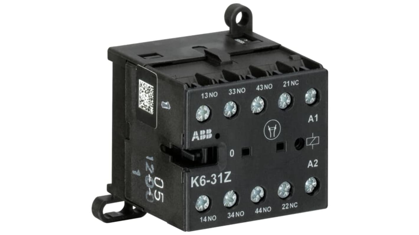 Relè contattore ABB GJH1211001R8314 K6-31Z, 1NC/3NO, 4 A, montaggio su guida, grado di protezione IP20, temperatura operativa -25/+55 °C.