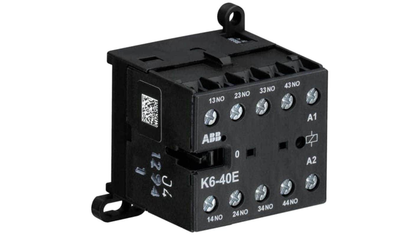 Relè contattore ABB GJH1211001R8405 K6-40E, 4NO, 4 A, montaggio su guida, grado di protezione IP20, funzionamento -25/+55 °C.