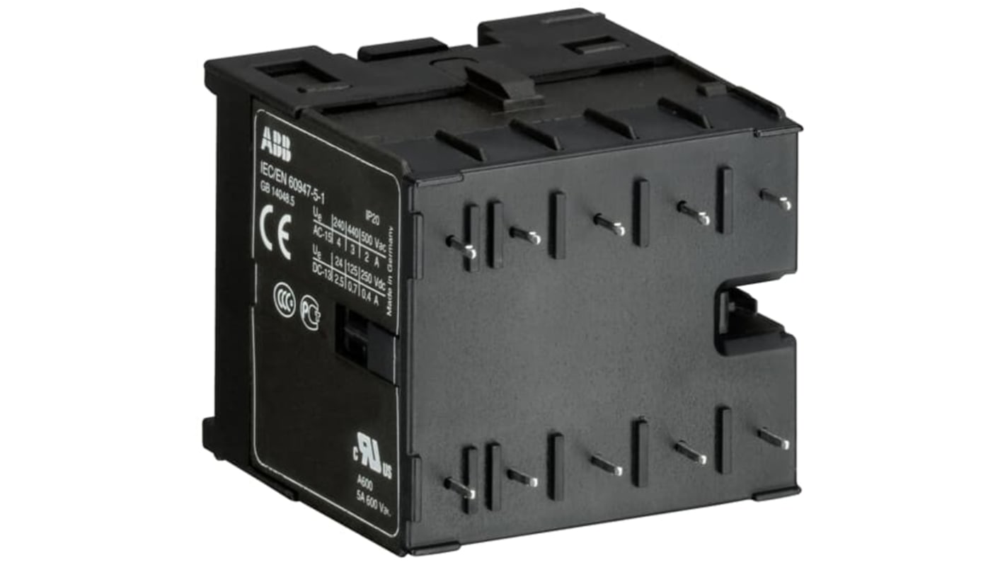 Relè contattore ABB GJH1211009R8315, 4 poli 4NO, corrente 4 A, tensione 415 V CC, montaggio su guida, grado di protezione IP20.