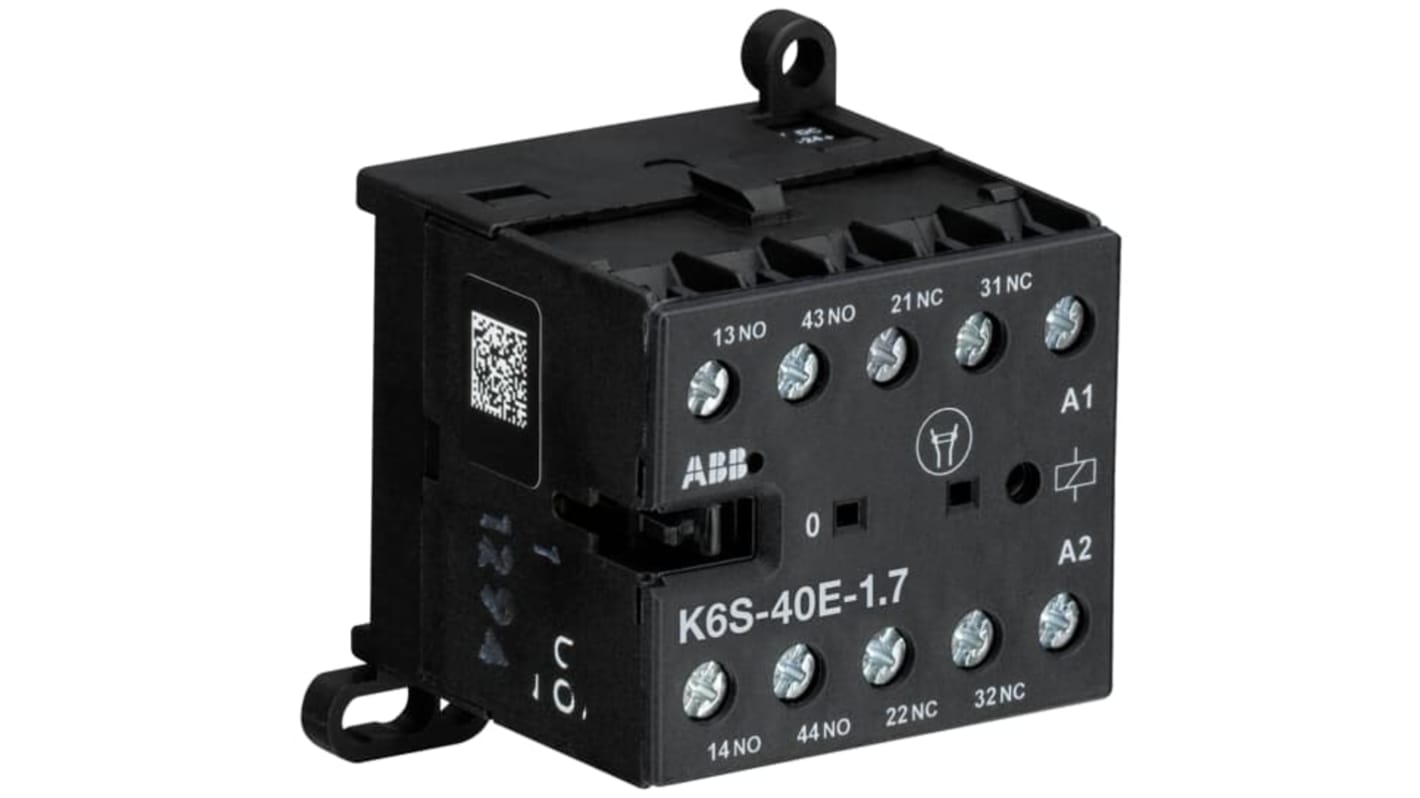 Relè contattore ABB GJH1213001R7401 K6S-40E-1.7W 24VDC, 4 poli 4NO, montaggio su guida, temperatura operativa -25/+55 °C.
