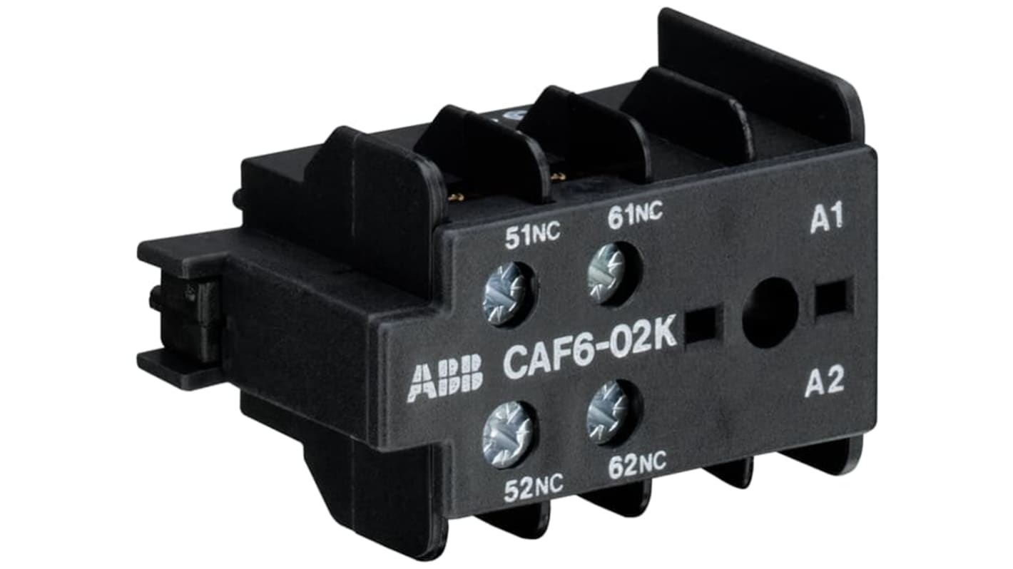 Contatto ausiliario ABB CAF6-02K, 2 contatti NC, montaggio frontale, corrente 6 A, tensione 250 V, resistenza agli urti 15 g.