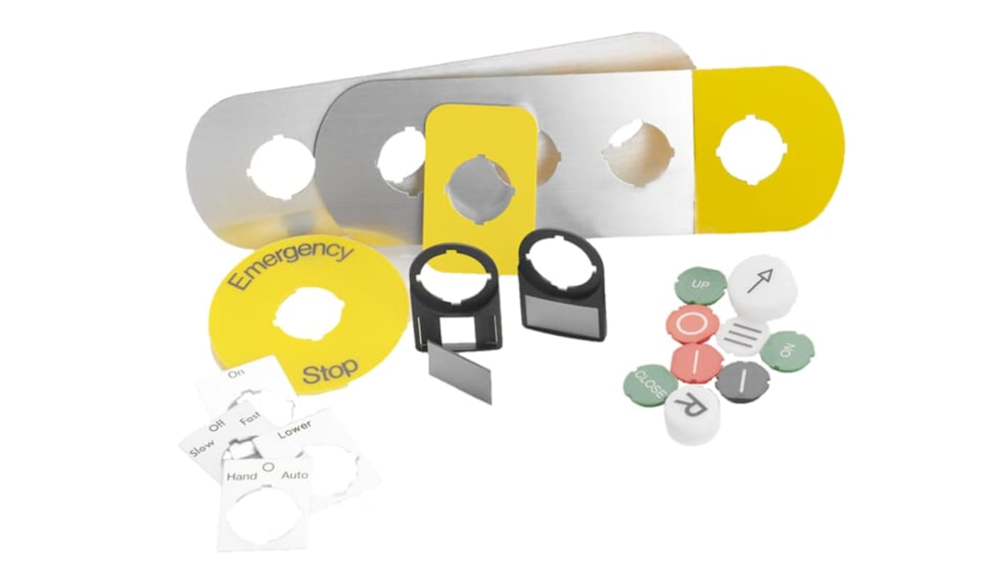 Piastra per legenda ABB in alluminio, rettangolare, 29,6x39 mm, compatibile con moduli CP1-CP4 e MP1-MP4. Codice 1SFA611940R1063.