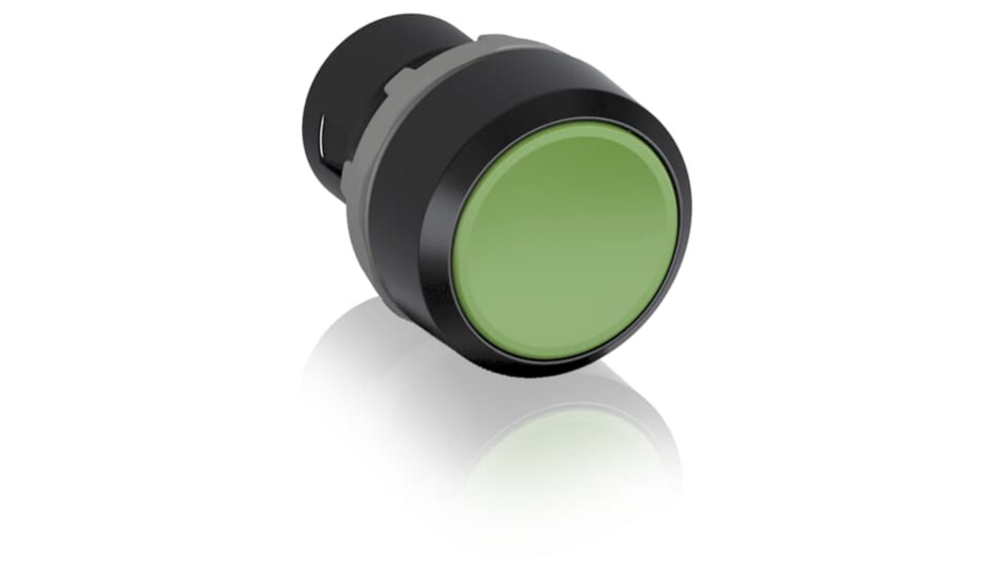 Attuatore pulsante verde instabile ABB KPR1-100G, diametro foro 22.5 mm, grado di protezione IP66, cornice plastica nera.