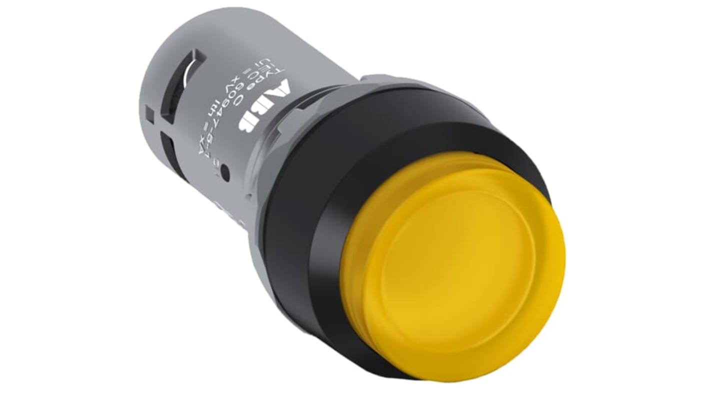 ABB, pulsante SPST luminoso giallo, cornice nera, IP66, attuatore esteso, diametro foratura 22.5 mm. Codice 1SFA619103R1313.