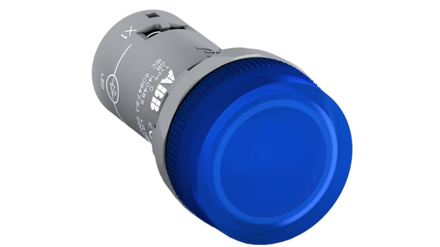 ABB CL-100L, spia luminosa blu per montaggio a pannello, IP66, 240 V, diametro foro 22.5 mm, temperatura operativa -25/+70 °C.