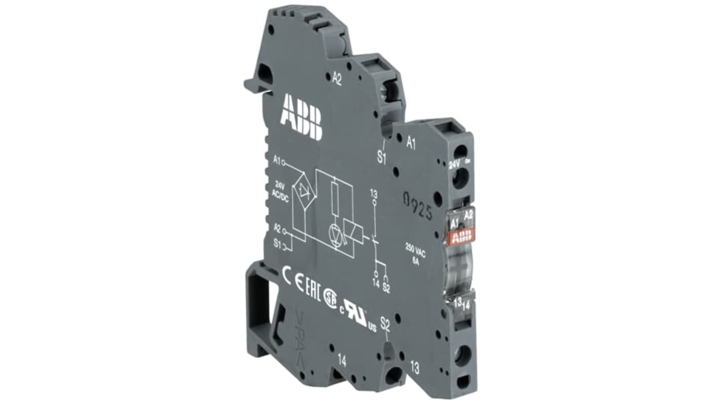 Relè d'interfaccia ABB RBR121, 24V, SPDT, montaggio su guida DIN, corrente di carico 6A, LED integrato.