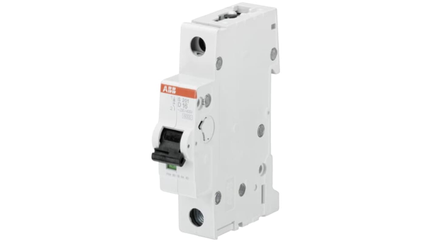 Interruttore magnetotermico ABB 1P 1.6A, Tipo D, montaggio su guida DIN, protezione IP20, temperatura operativa -25/+55°C.