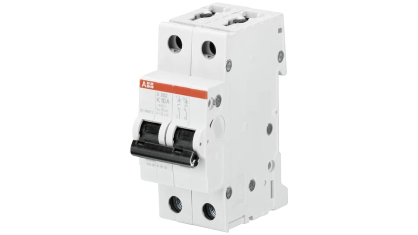 Interruttore magnetotermico ABB 2P 15A, Tipo K, montaggio su guida DIN, grado di protezione IP20, funzionamento da -25 a +55 °C.