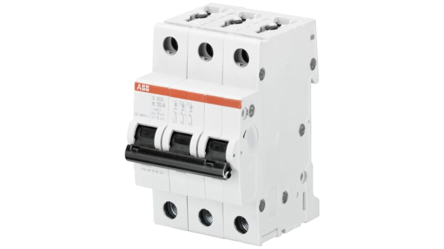 Interruttore magnetotermico ABB 3P 30A, Tipo K, montaggio su guida DIN, grado di protezione IP20, funzionamento -25/+55 °C.