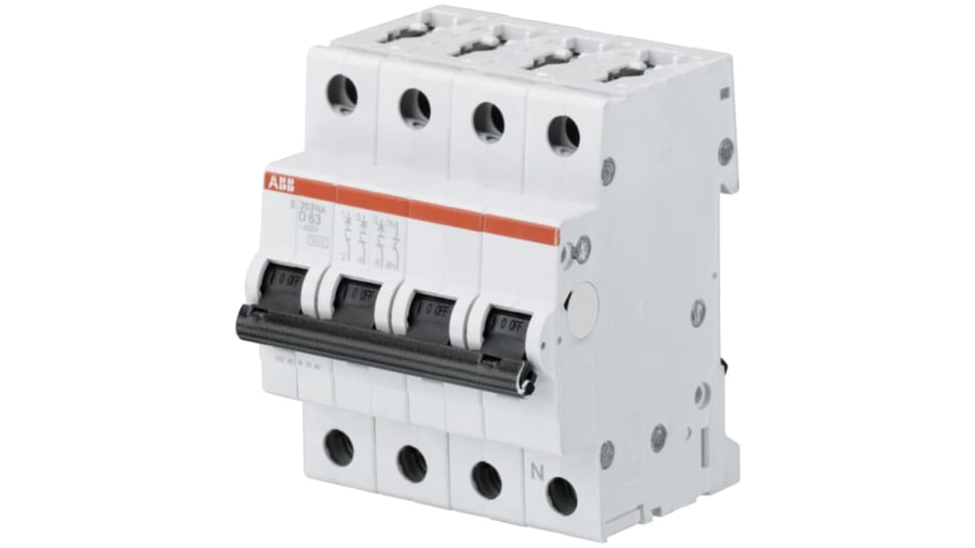 Interruttore magnetotermico ABB 3P+N 1A, Tipo D, montaggio su guida DIN, grado di protezione IP20, temperatura operativa -25/+55°C.