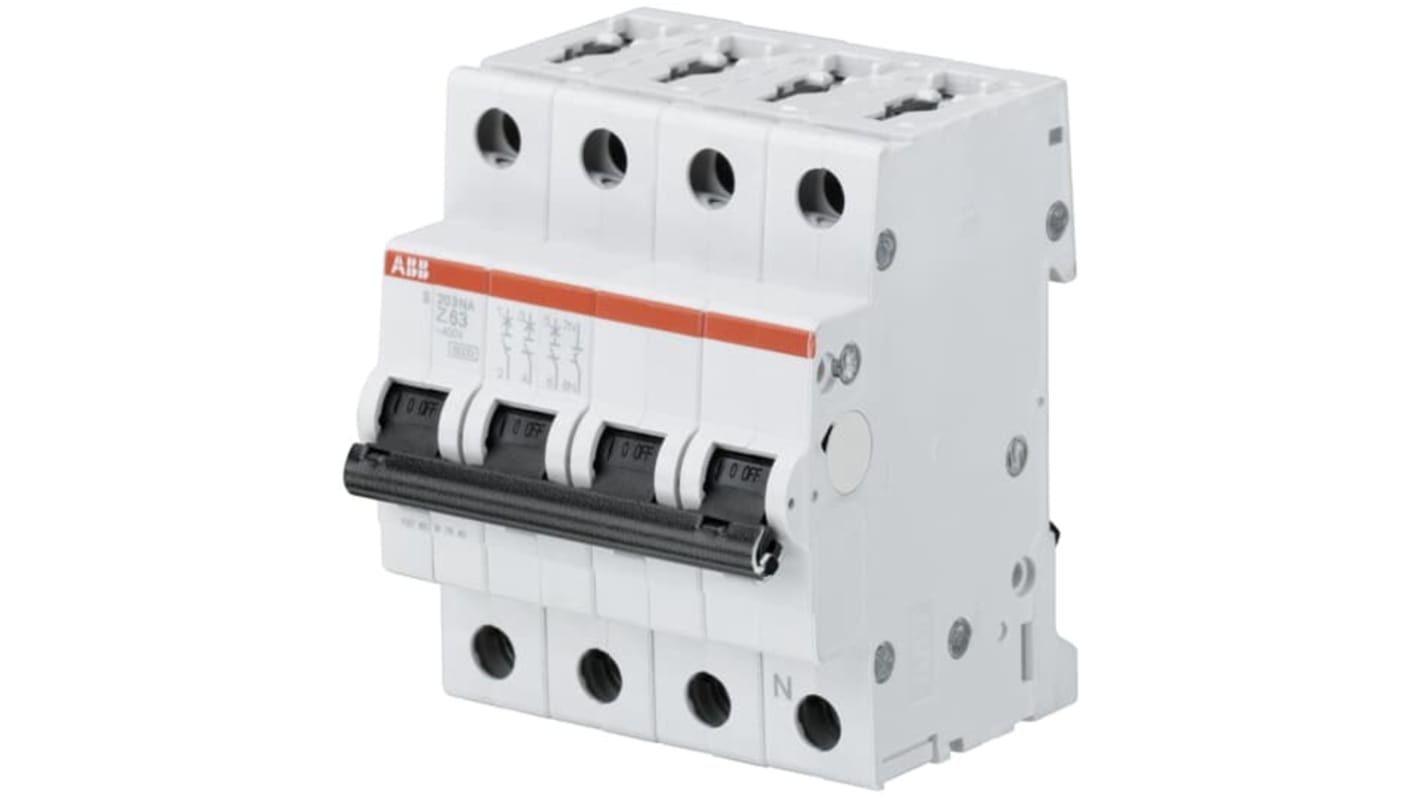 Interruttore magnetotermico ABB 3P+N 500mA, Tipo Z, montaggio su guida DIN, grado di protezione IP20.