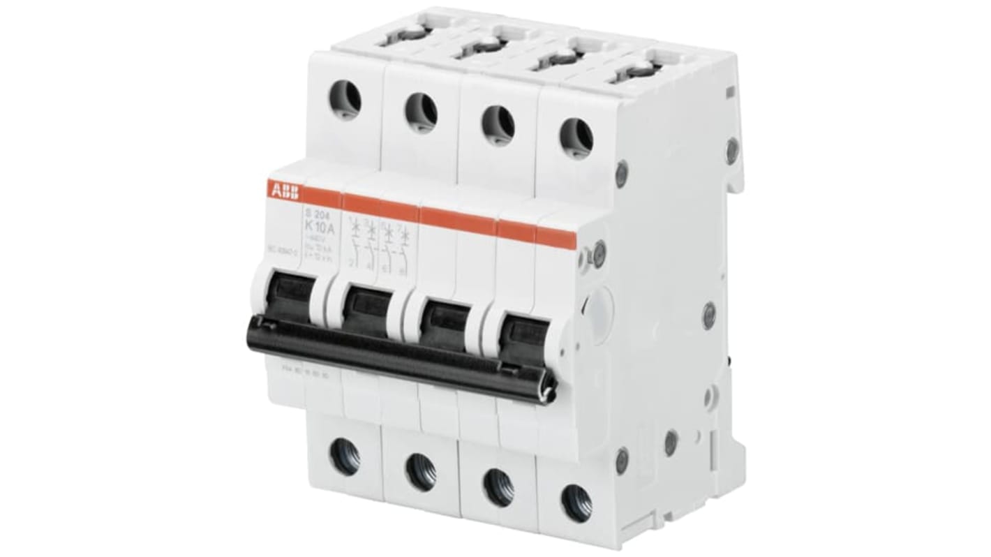 Interruttore magnetotermico ABB 4 poli, 3 A, Tipo K, montaggio su guida DIN, grado di protezione IP20.