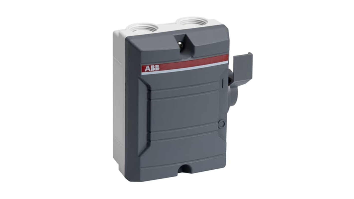 Sezionatore con interruttore ABB 2CMA, 3 poli, 25A, montaggio superficiale, grado di protezione IP20, contenitore plastico IK08.