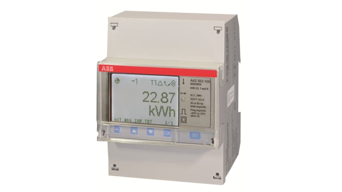 Contatore di energia monofase ABB 2CMA170519R1000, con display LCD, montaggio su guida DIN, dimensioni 70 x 65 x 26,5 mm.