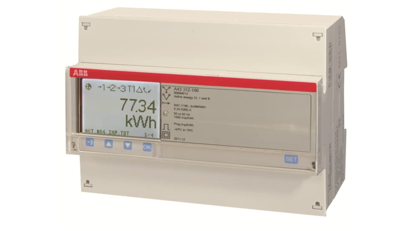 Contatore di energia ABB 2CMA170526R1000 A43 TRI MBUS 80A SILVER, 3 fasi, montaggio su guida DIN, precisione ±1%.