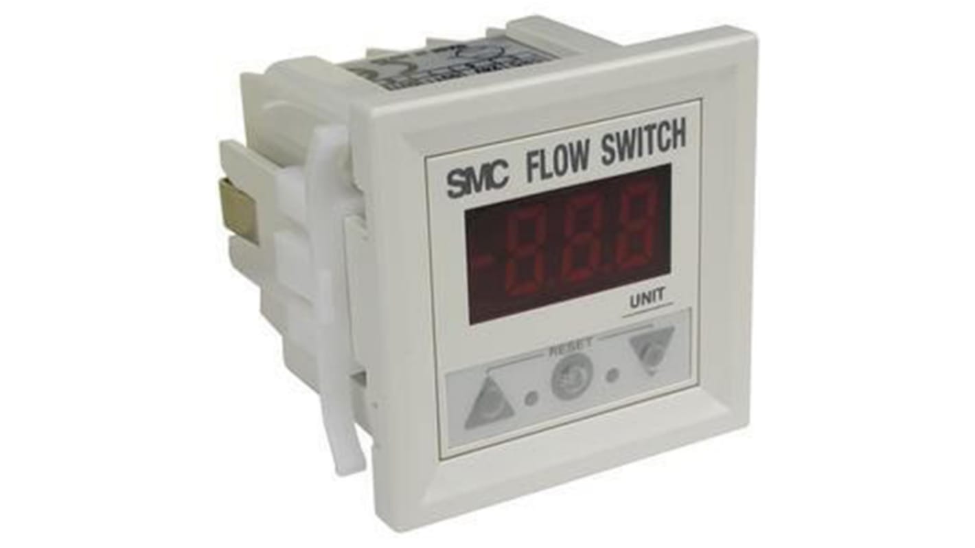Interruttore di flusso SMC PF2W301-A-M per acqua, montaggio a pannello, flusso 0,35-110 L/min, alimentazione 12-24 V CC.