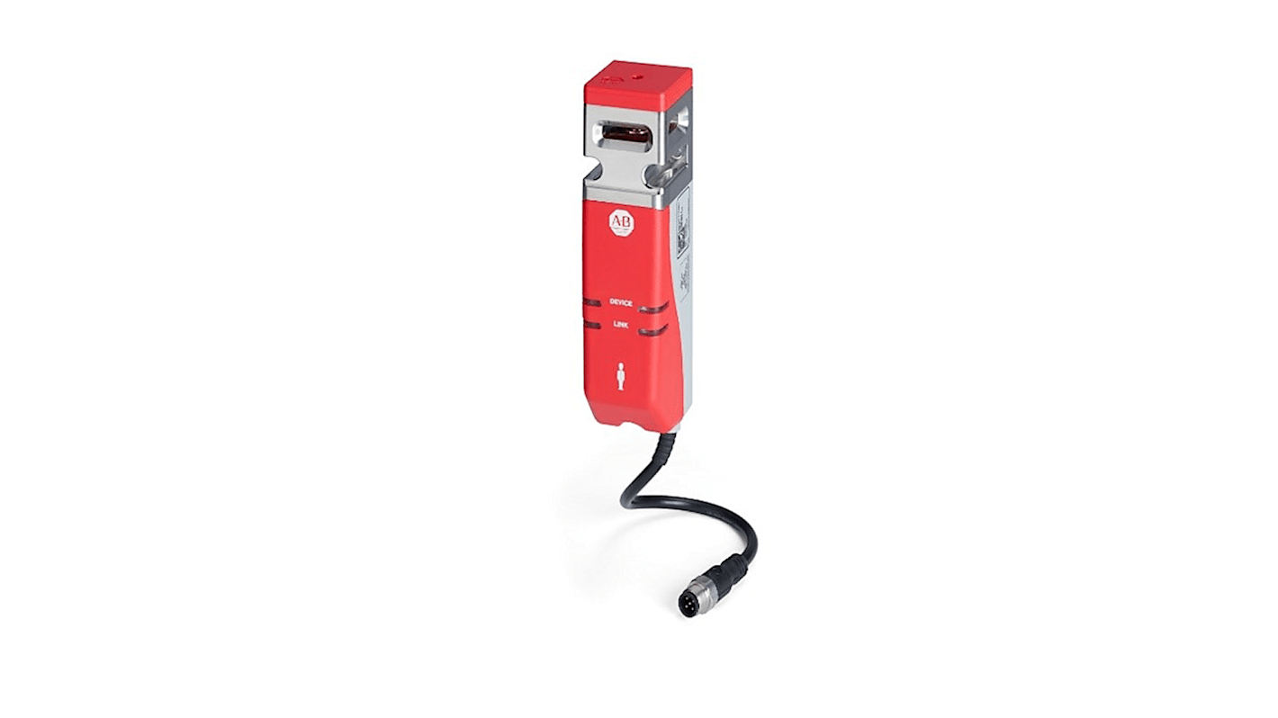 Interruttore di interblocco di sicurezza Allen Bradley 440G-MZ, 24V cc, con attuatore e contatti PNP, forza di tenuta 2500 N.