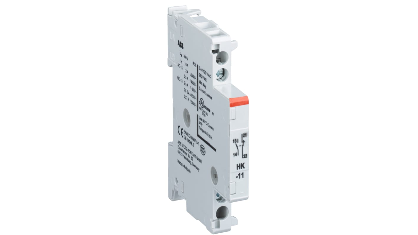 Contatto ausiliario ABB 1SAM101901R0001, corrente nominale 3 A, tensione 250 V DC e 400 V AC, dimensioni 86 x 72 x 9 mm.