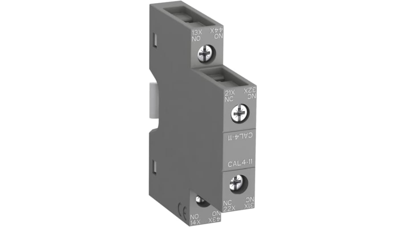 Blocco di contatti ausiliari ABB 1SBN010120T1011 CAL4-11-T, 2 contatti (1 NC + 1 NA), montaggio laterale, 6 A, 440 V.