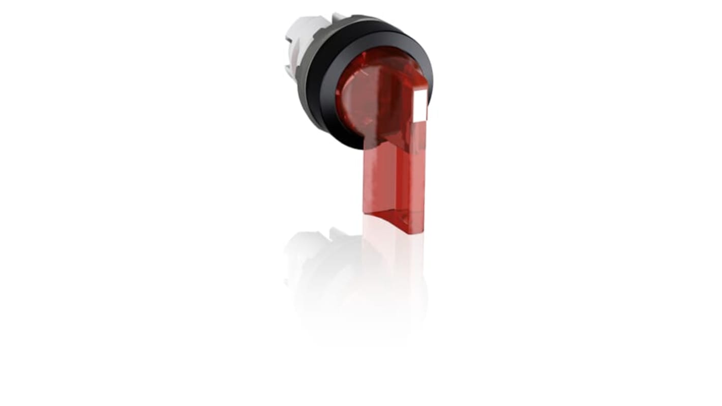 Selettore ABB M2SS4 a 2 posizioni, illuminato, rosso, con attuatore a leva lungo, grado di protezione IP66.