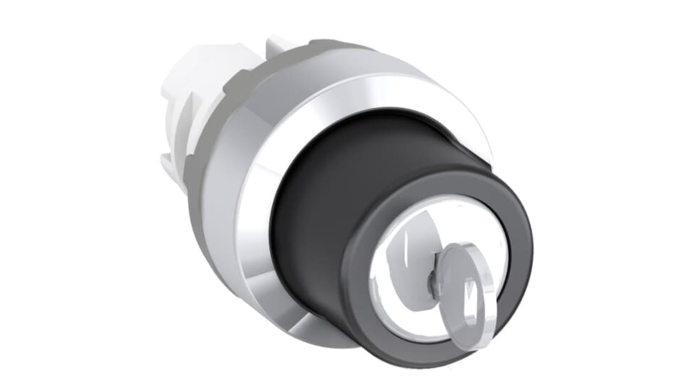 Testa selettore ABB M2SSK2, attuatore a chiave, 2 posizioni, IP66, cornice cromata, diametro foro 22,5 mm. Codice 1SFA611281R3004.