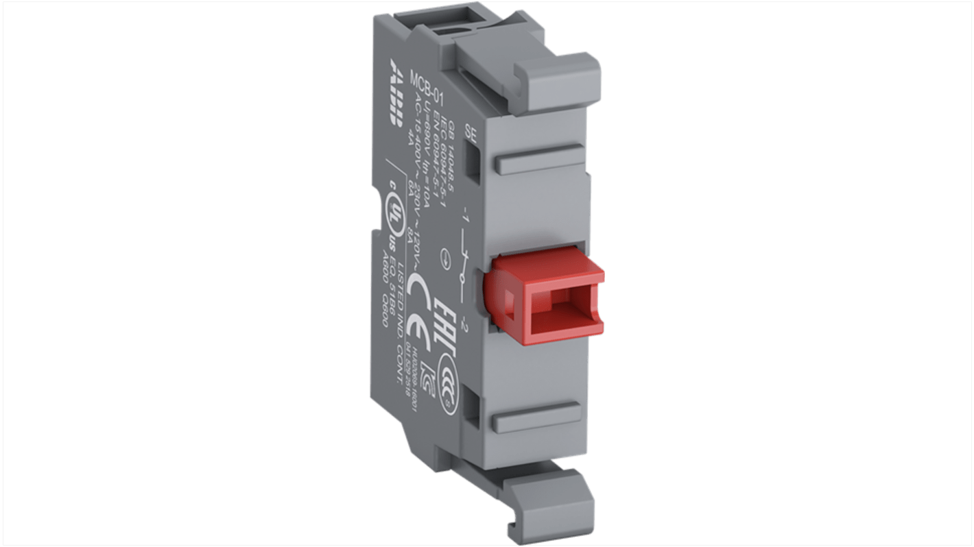 Blocco contatti ABB MCB-01G, 1NC, 230V, montaggio frontale, terminali a vite, morsetti IP20, corrente nominale 6A.