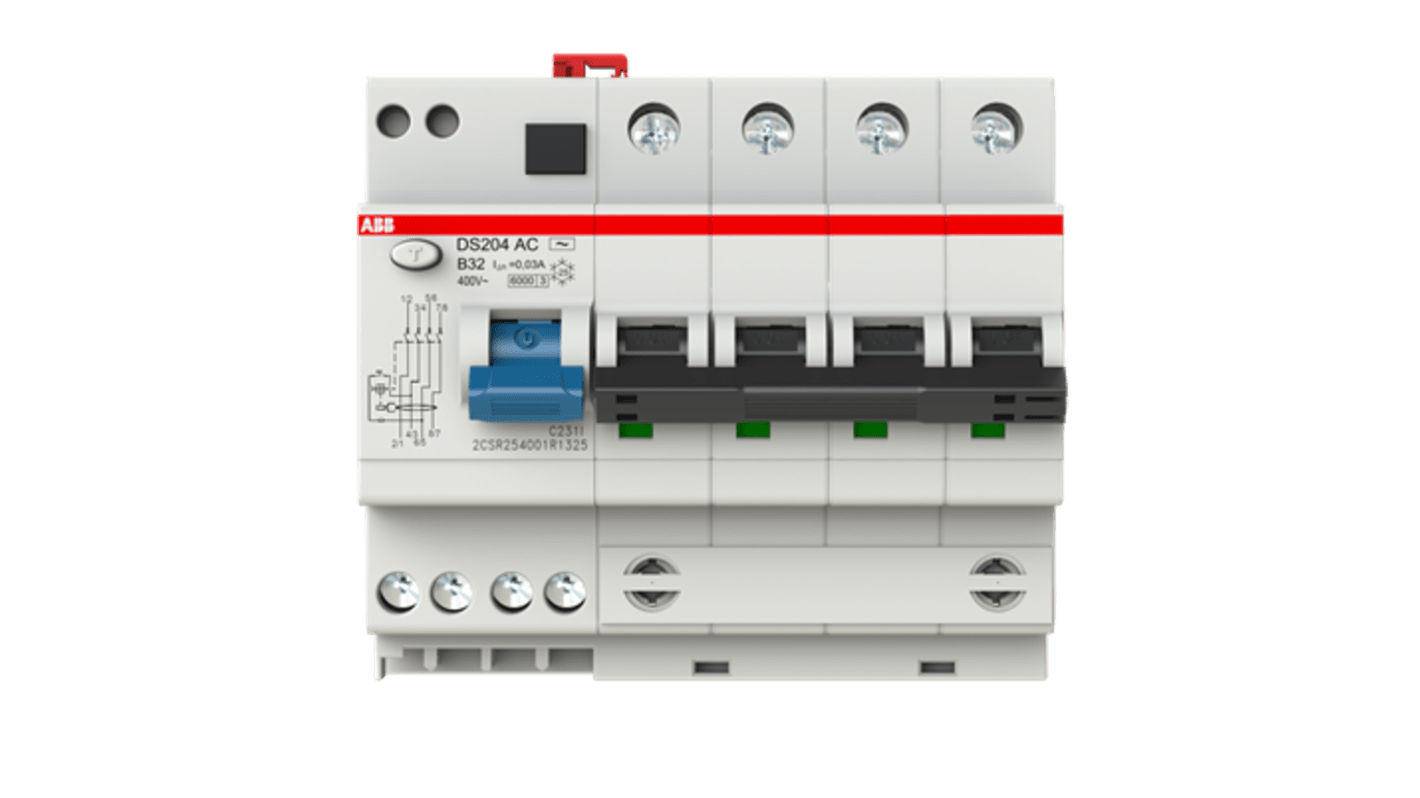 Interruttore automatico ABB 4 poli, 32A, 400V, serie DS200, protezione da sovraccarico e corto circuito.