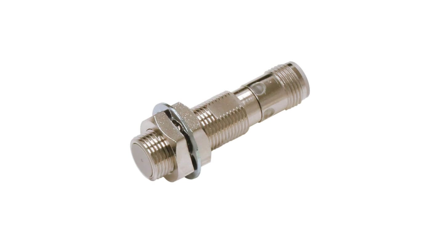Sensore di prossimità induttivo cilindrico Omron E2E-X4B3D12-M1, M12 x 1, uscita PNP, rilevamento 4 mm, IP69K, LED visibile.