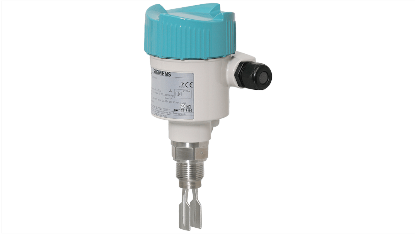 Interruttore di livello a vibrazione Siemens 7ML5746-1DA00-1AA0, montaggio filettato, corpo in alluminio, lunghezza di inserimento 40 mm, certificazione ATEX.